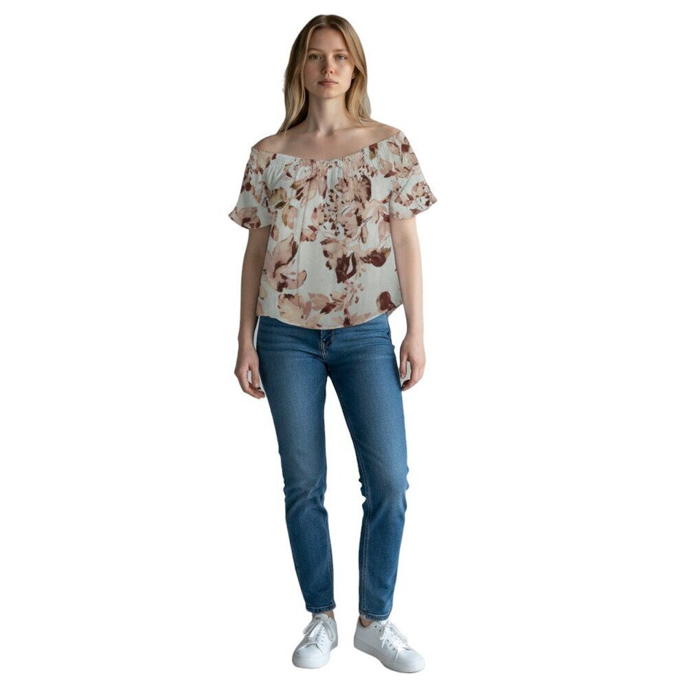 Knox Rose Womens Off-Shoulder Floral Beige Pink Short Sleeve Blouse Medium